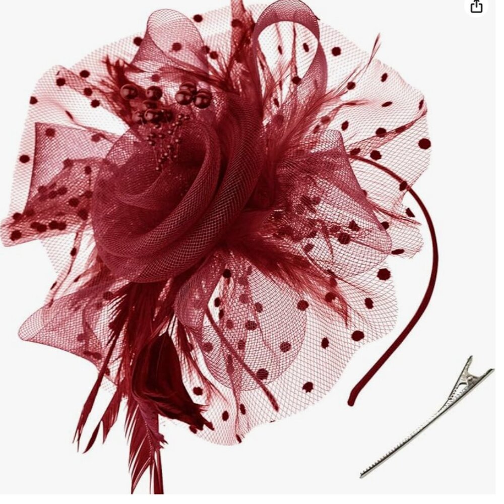 Hat Flower Mesh Ribbons Feathers on a Headband and a Clip Tea Party Headwear
